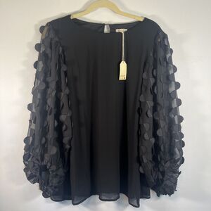 Jodifl Black Satin Sheer Long Bubble Sleeve with Polka Dots Blouse Size Large